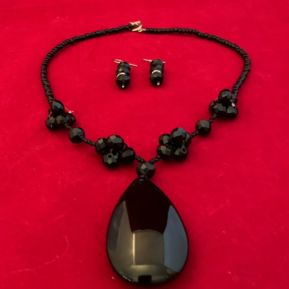Black Ónix Stone Necklace And Earrings New Set